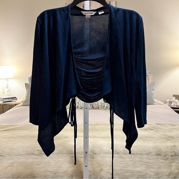 DEREK HEART Navy Blue S 3/4 Sleeves Open Cardigan Drawstring Vertical Cinch Back - Picture 3 of 10